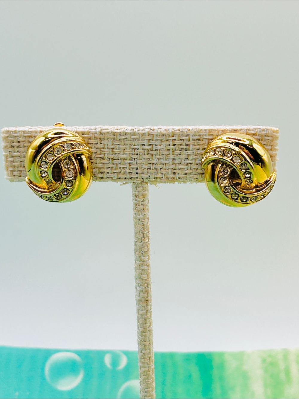 Vintage Givenchy 1980s Crystal Pave Gold Swirl Knot Clip-On Earrings EC